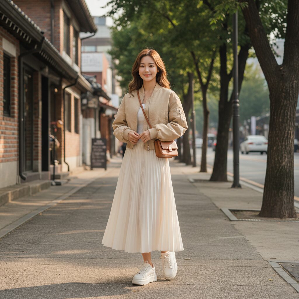 베이지색 크롭 기장의 여성용 블루종 점퍼를 입은 모델이 스커트와 함께 스타일링한 모습