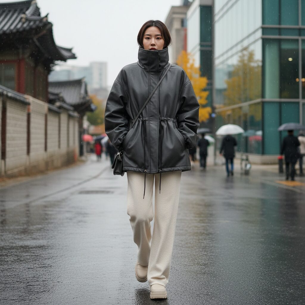 하이넥 디자인의 비건 레더 오버핏 자켓을 허리에 드로스트링으로 살짝 조인 모습