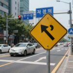 도심 도로 위의 차량과 교통 표지판