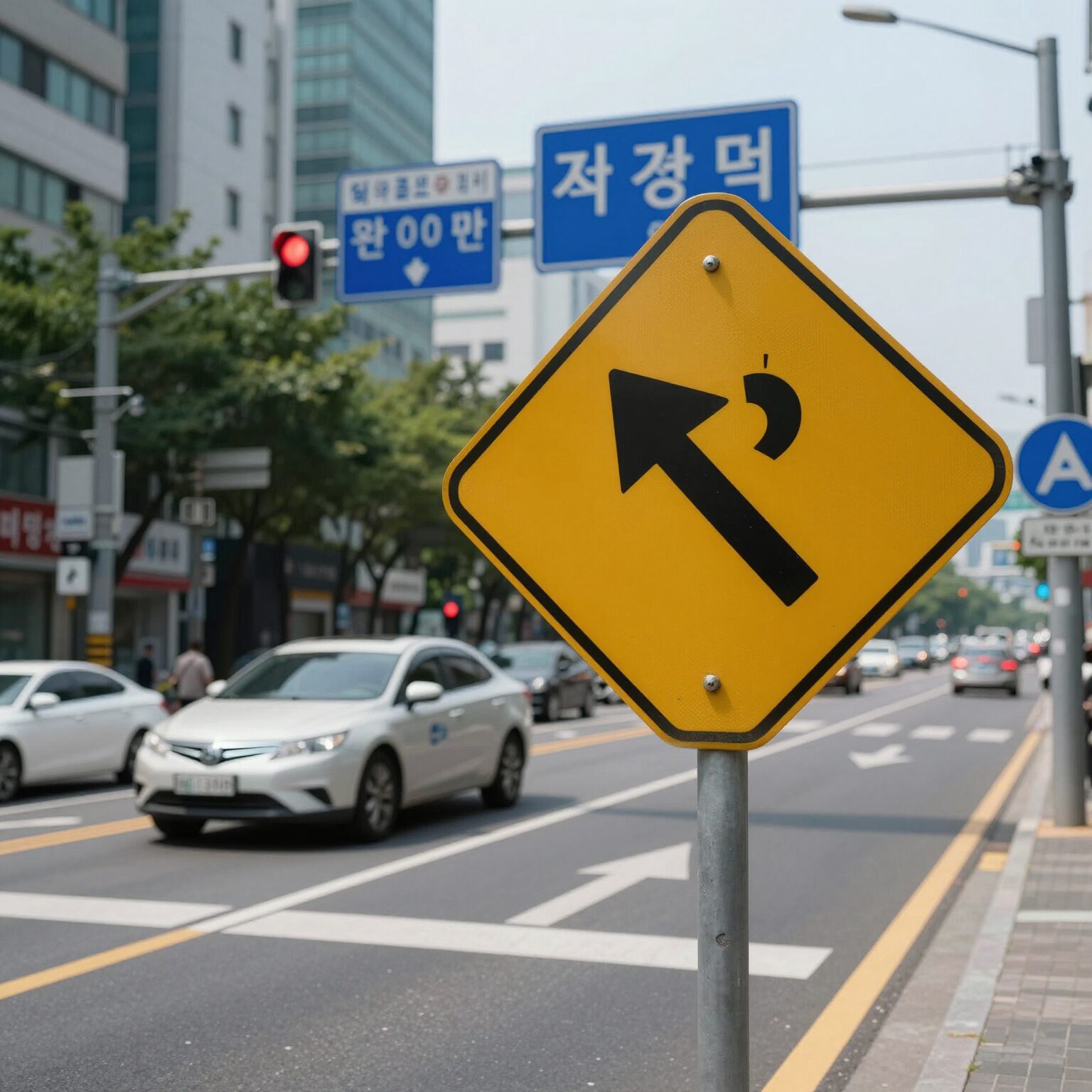 도심 도로 위의 차량과 교통 표지판