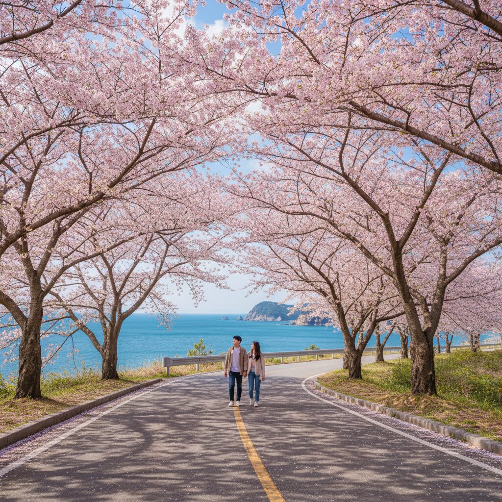 남해 왕지벚꽃길의 벚꽃 터널과 푸른 바다 배경