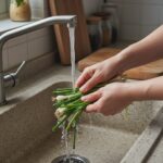 달래를 흐르는 물에 헹구는 과정