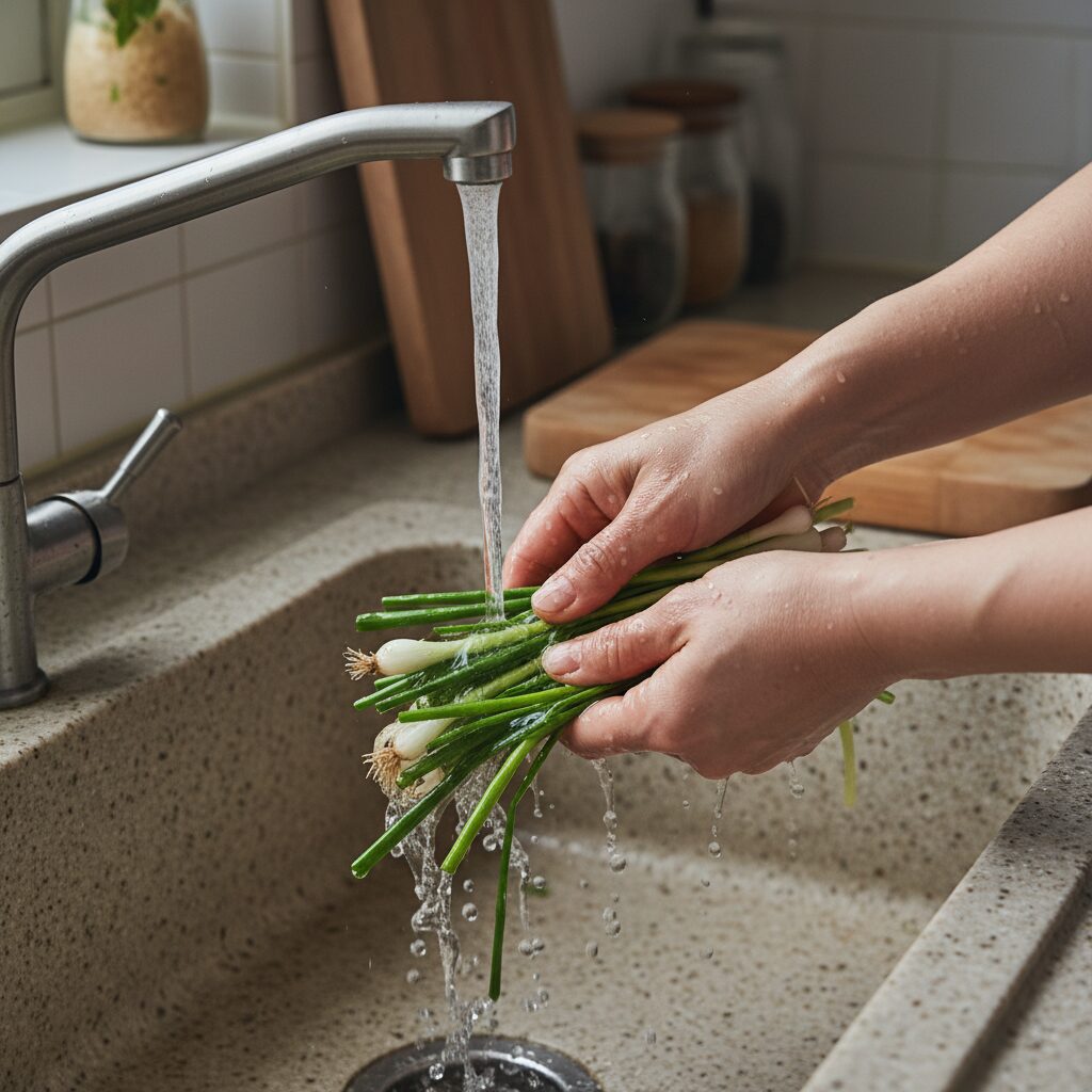 달래를 흐르는 물에 헹구는 과정