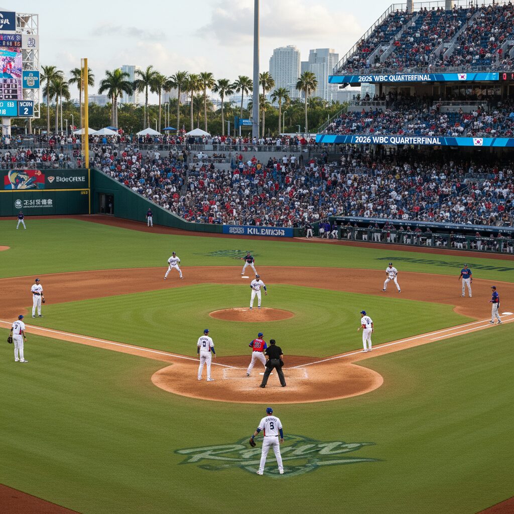 2026 WBC 8강전 한국과 도미니카 선수들이 마이애미 경기장에서 배치된 모습