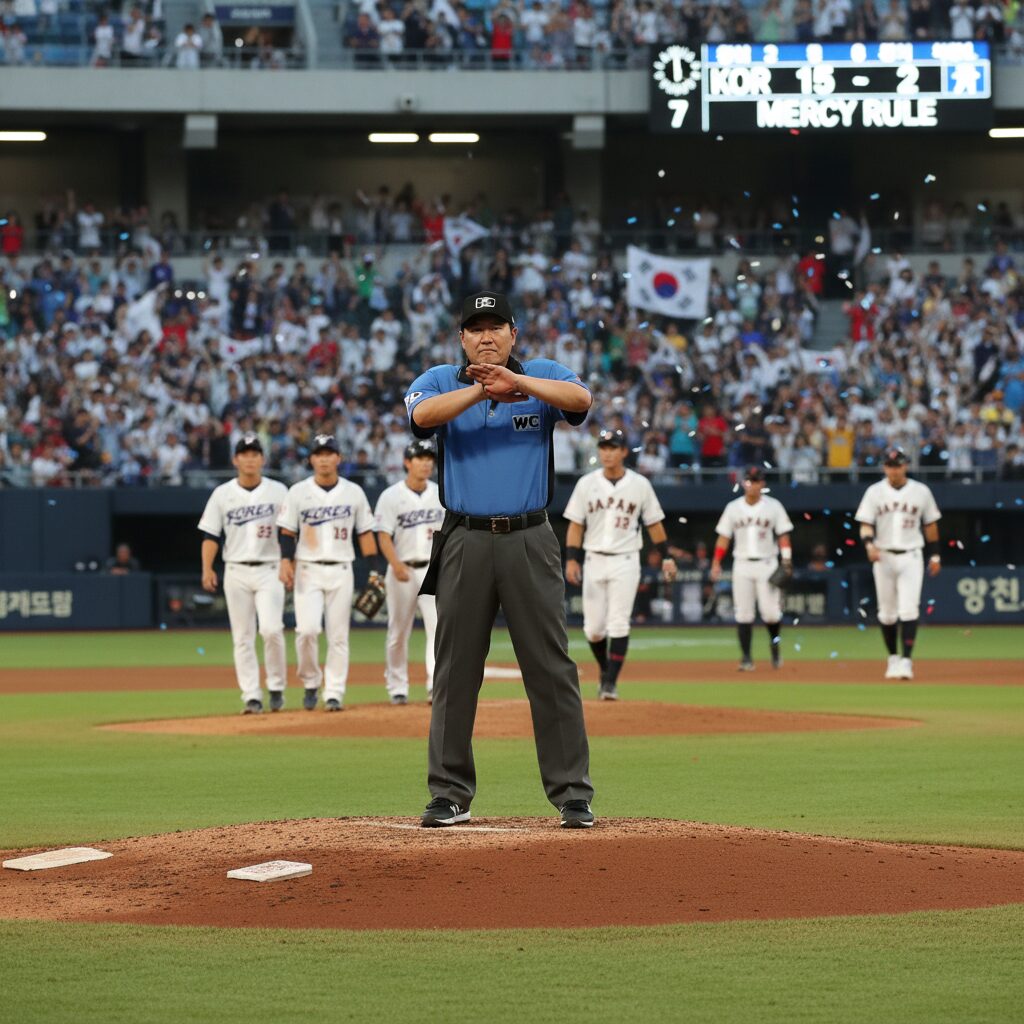 WBC 경기에서 심판이 콜드게임을 선언하는 장면