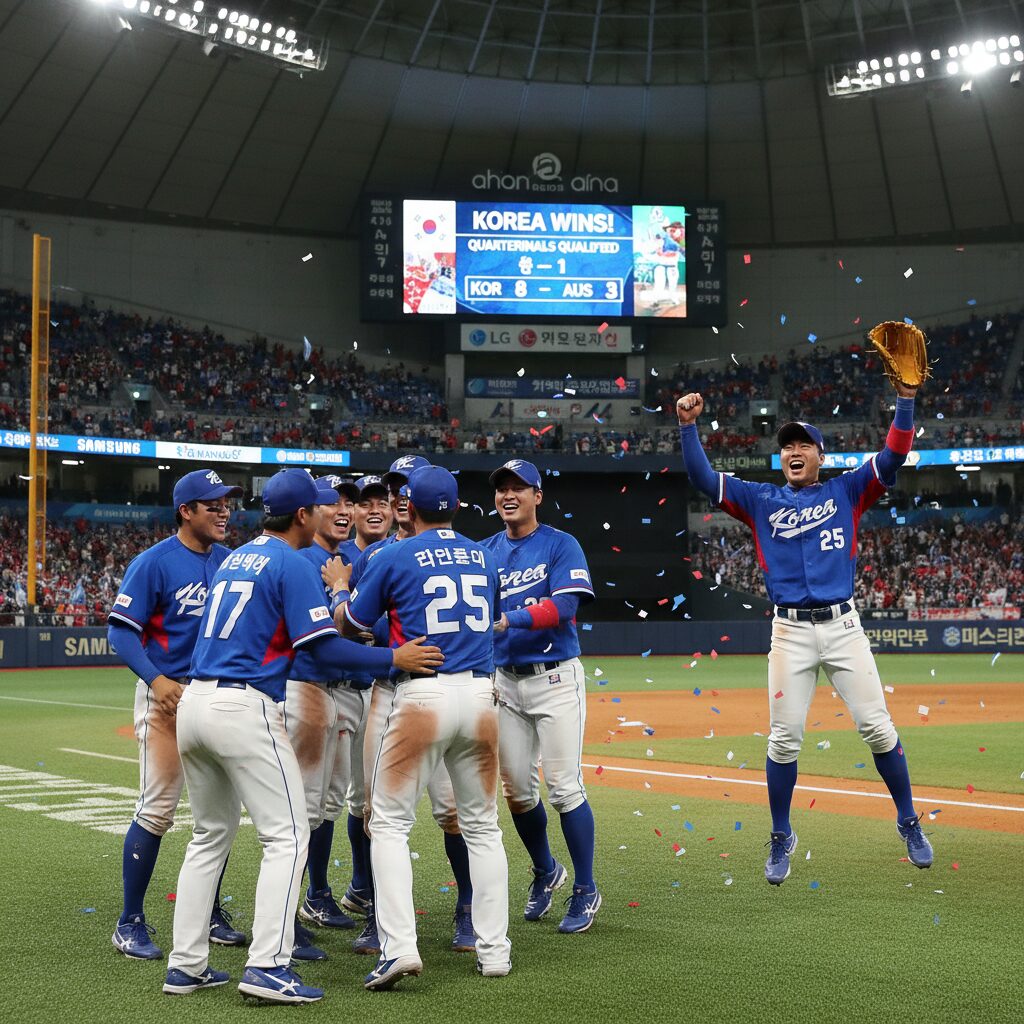 한국 야구 대표팀이 호주전 승리 후 8강 진출을 기뻐하며 포옹하는 모습
