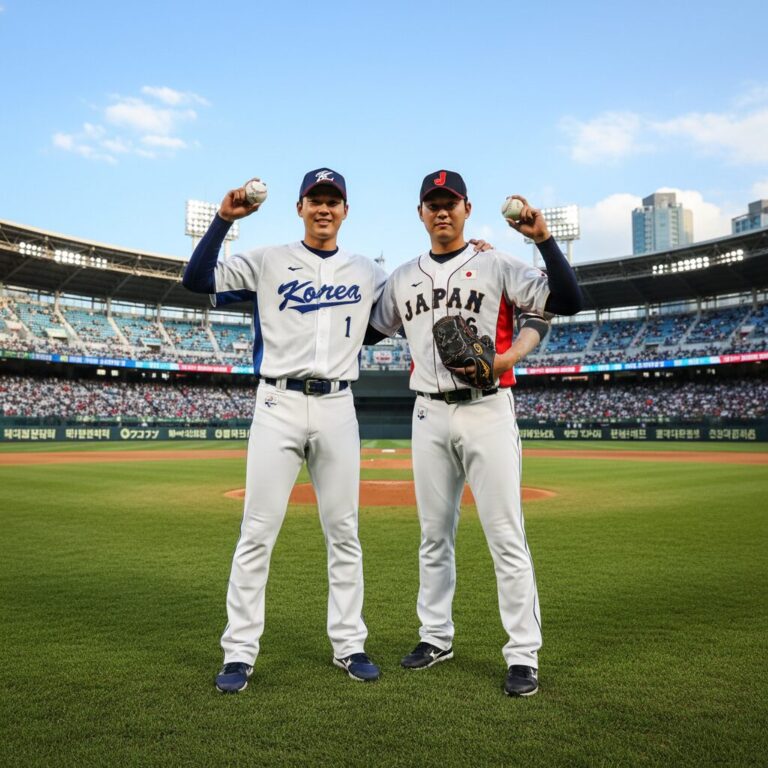 2026 WBC 한국 대표팀 투수 고영표와 일본 대표팀 투수 기쿠치 유세이 포즈