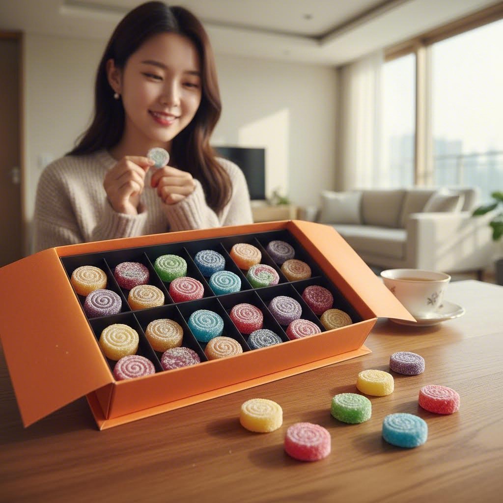 오렌지 컬러로 포장된 화이트데이 사탕 선물 세트가 테이블 위에 놓여 있으며 열어놓은 상자 안에 다양한 색의 수제 사탕들이 담겨 있다