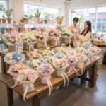 화이트데이를 위한 파스텔톤 꽃다발과 꽃바구니가 진열된 꽃집 내부