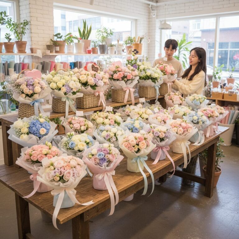 화이트데이를 위한 파스텔톤 꽃다발과 꽃바구니가 진열된 꽃집 내부