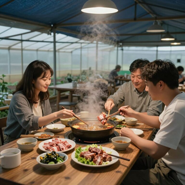 양산 원동 미나리 비닐하우스와 삼겹살 식사 장면