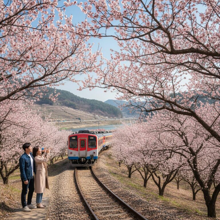 양산 원동 순매원에서 매화 나무 사이로 지나가는 기차 풍경