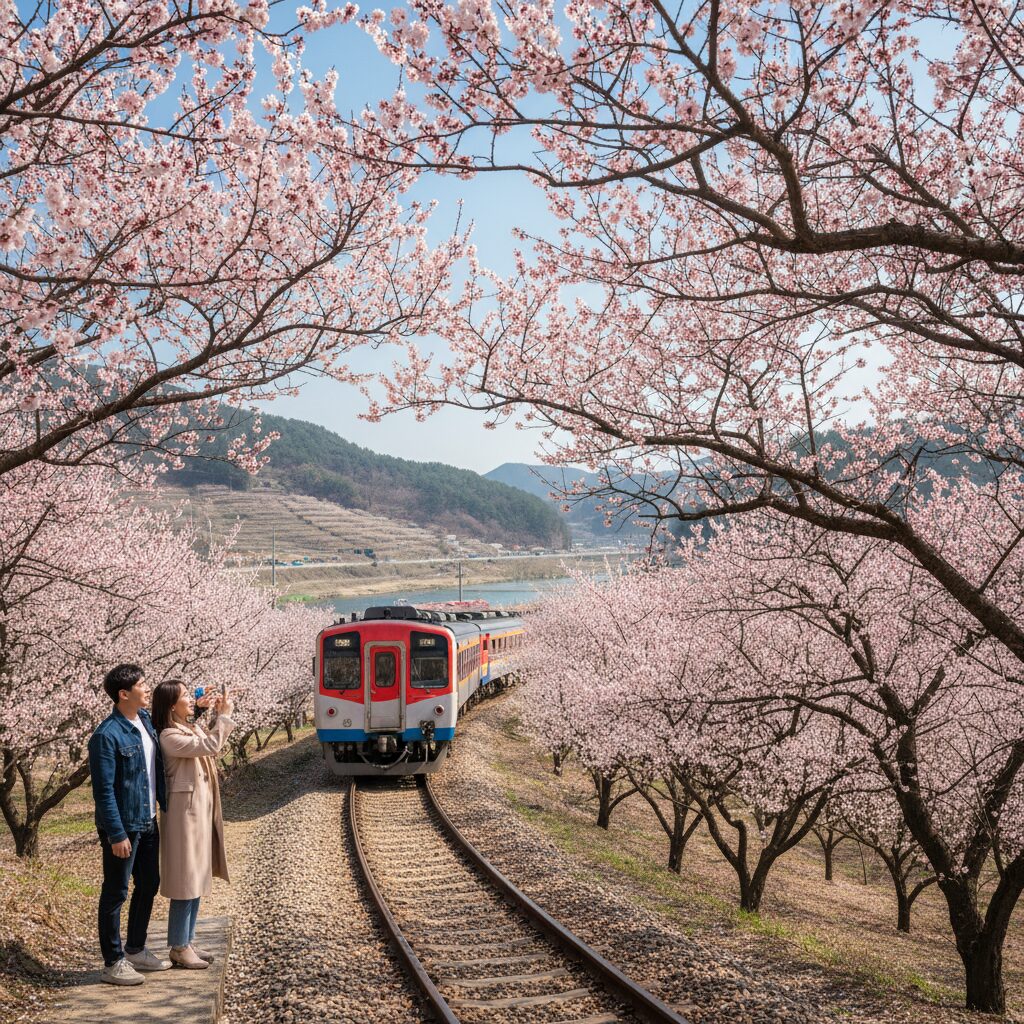 양산 원동 순매원에서 매화 나무 사이로 지나가는 기차 풍경