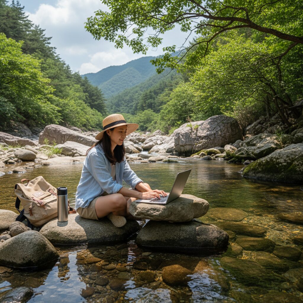 울진 왕피천 계곡에서 노트북으로 일하는 워케이션 모습