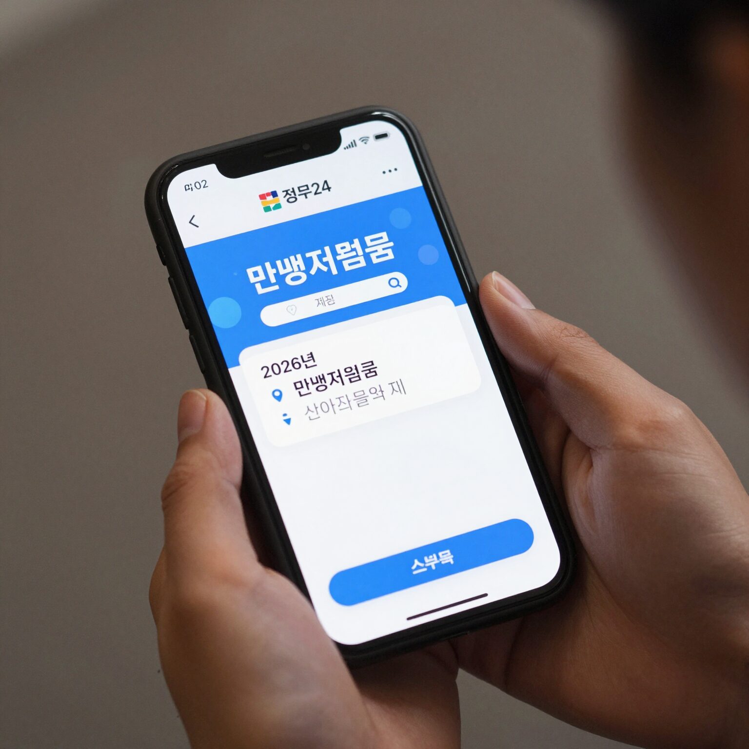 2026년 민생지원금 신청을 위해 스마트폰으로 정부24 앱을 확인하는 모습