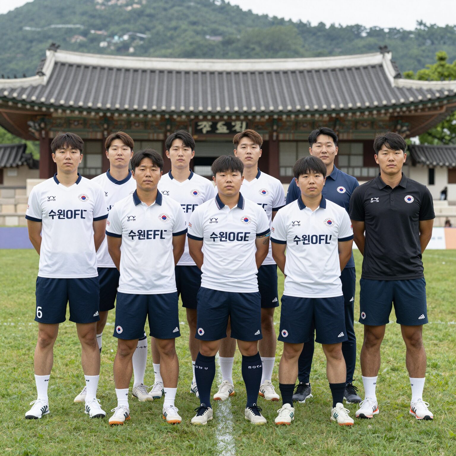 OGFC와 수원삼성 레전드 팀의 주요 선수들이 그라운드에 함께 서 있는 단체 사진