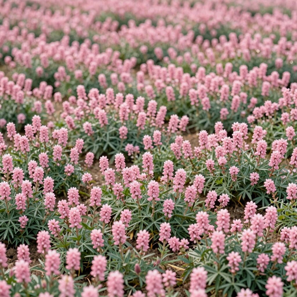 분홍색 꽃잔디가 바닥을 완전히 덮고 있는 화단 모습