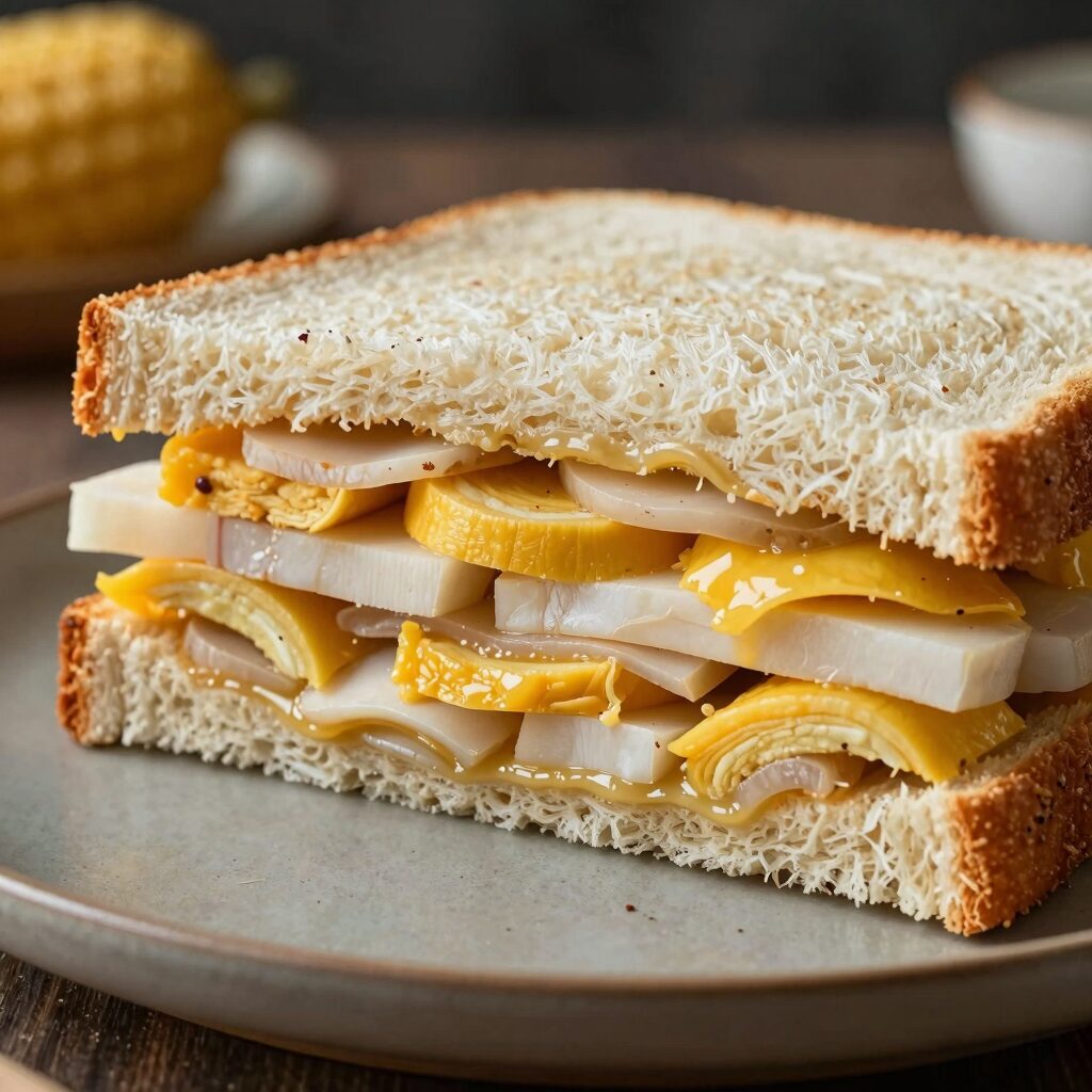 완성된 유부감자 샌드위치를 반으로 자른 단면, 유부와 감자가 층을 이루고 있다