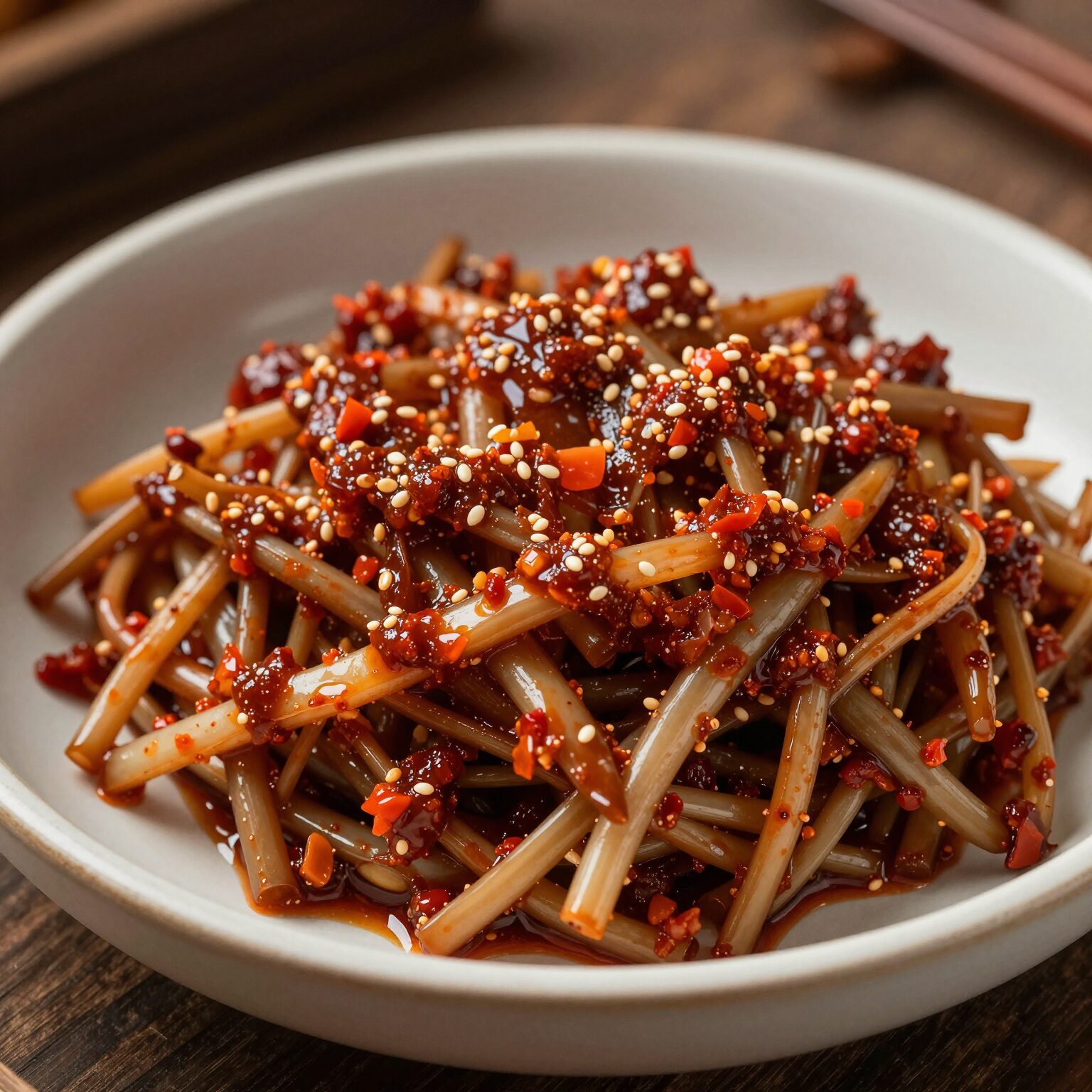 데친 오가피순을 간장 등 양념에 무쳐 만든 나물 요리