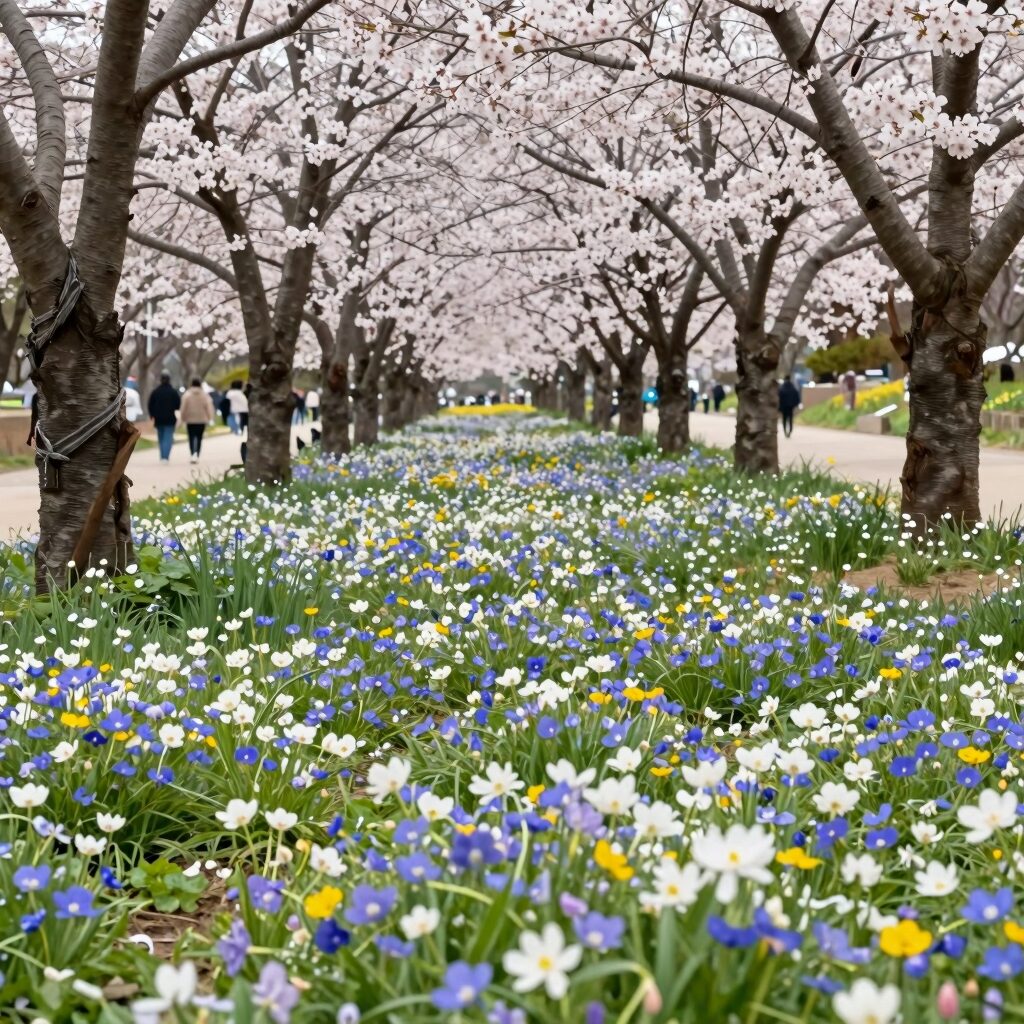 봄날 경산 반곡지의 왕버들와 복사꽃이 어우러진 풍경
