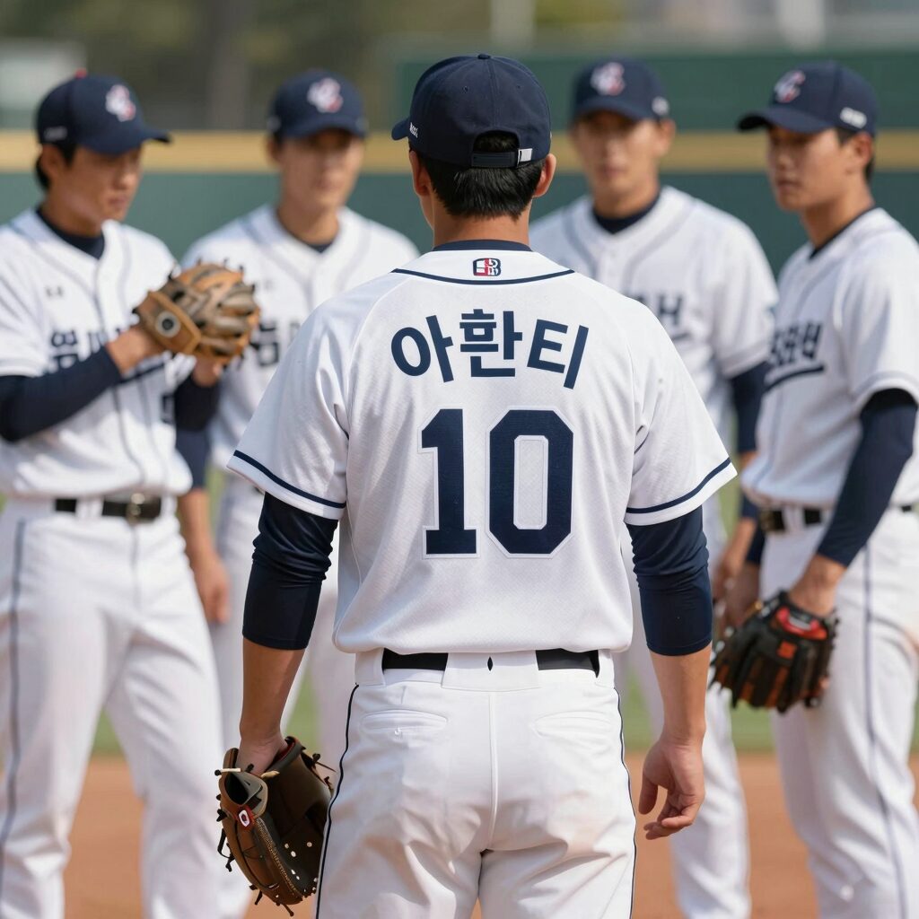 야구반티 뒷면에 등번호와 팀 이름이 마킹된 모습, 단체 사진에서 인생샷을 연출하는 모델들