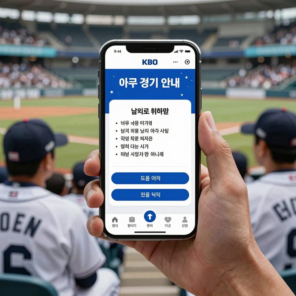 날씨로 취소된 야구 경기 안내를 확인하는 팬들의 모습, 핸드폰 화면에는 KBO 공지사항이 보임