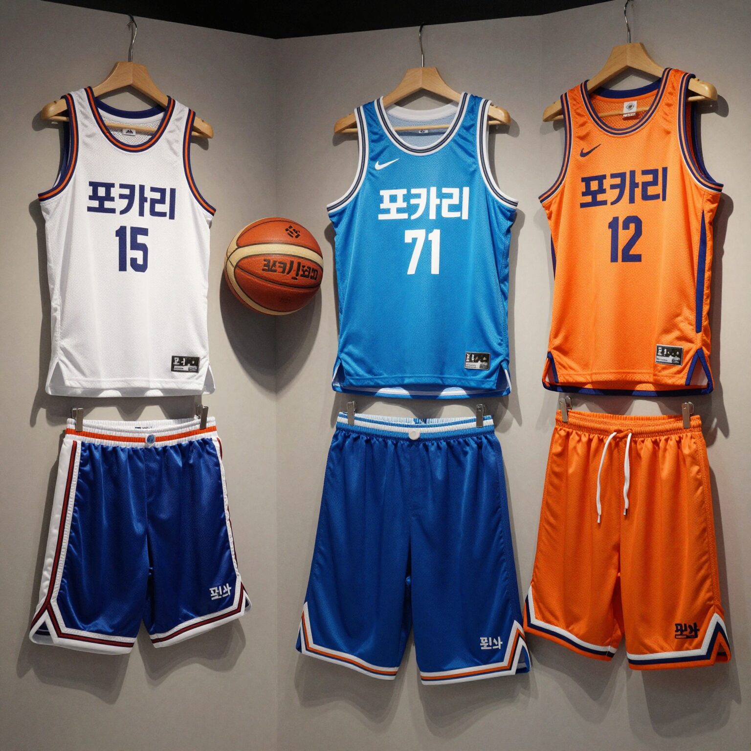 다양한 색상의 슬램덩크 농구복반티와 포카리 디자인 나시가 전시된 모습