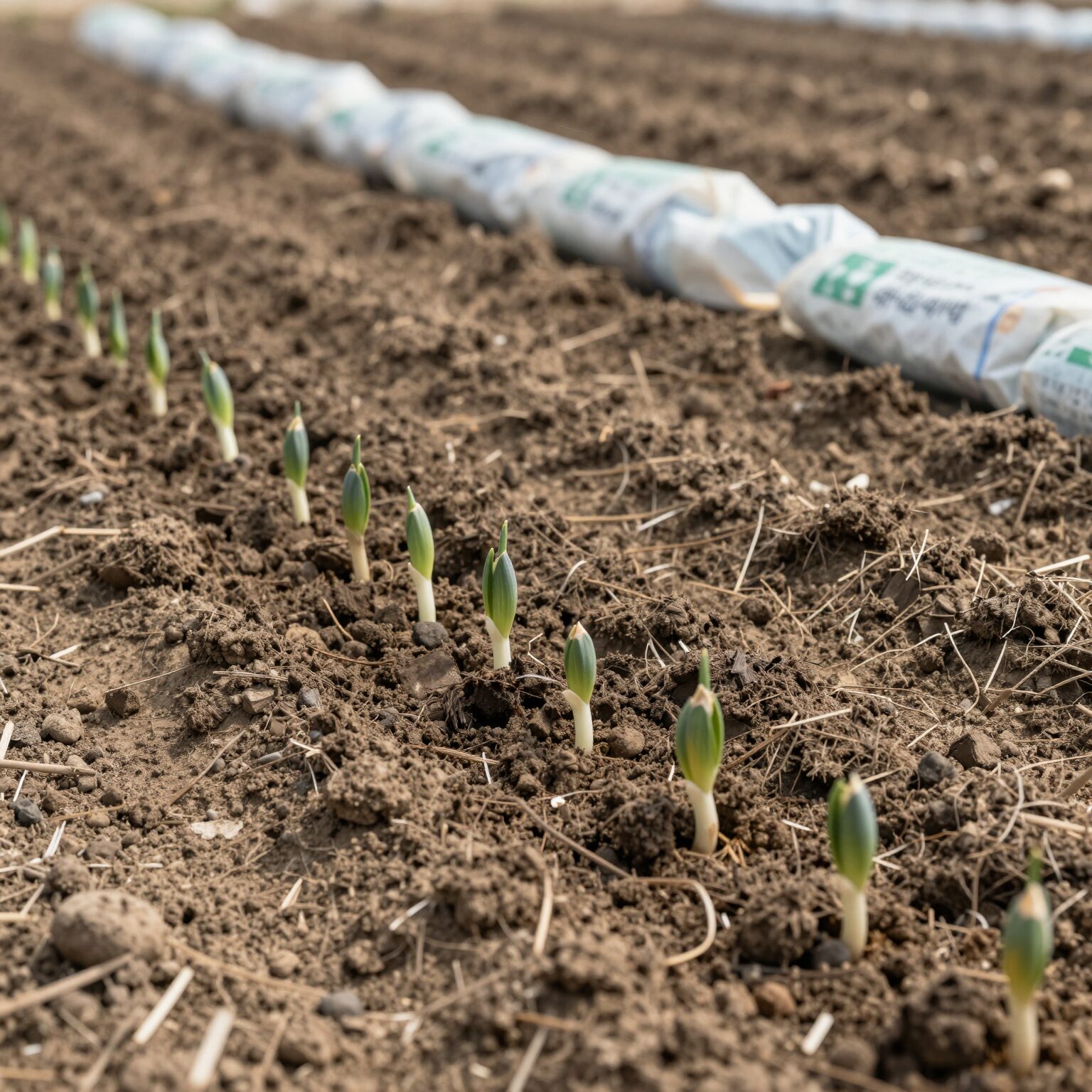생분해 멀칭비닐을 사용한 감자밭, 싹이 잘 자라고 있음