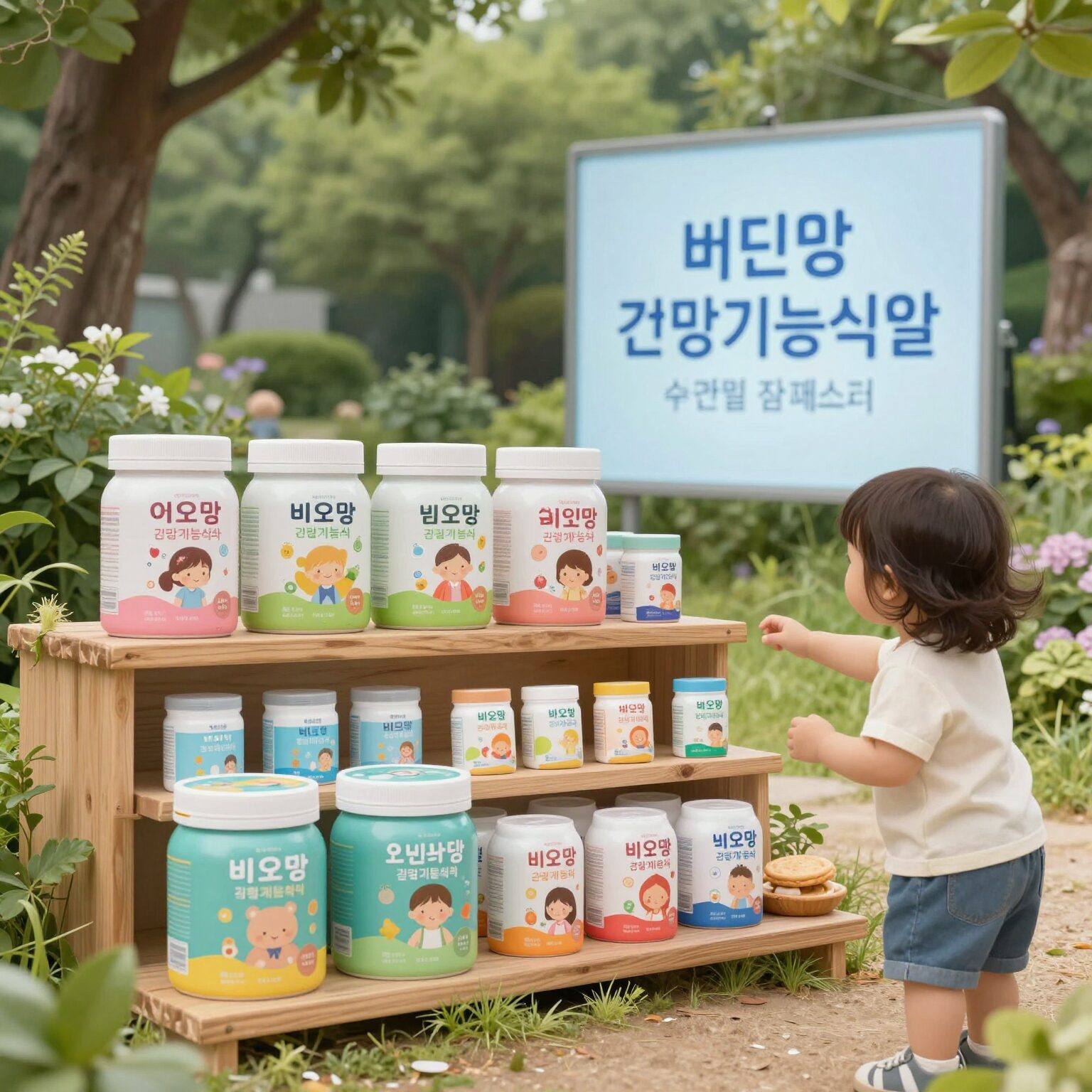 비오맘 브랜드의 어린이 건강기능식품 제품들이 진열된 모습