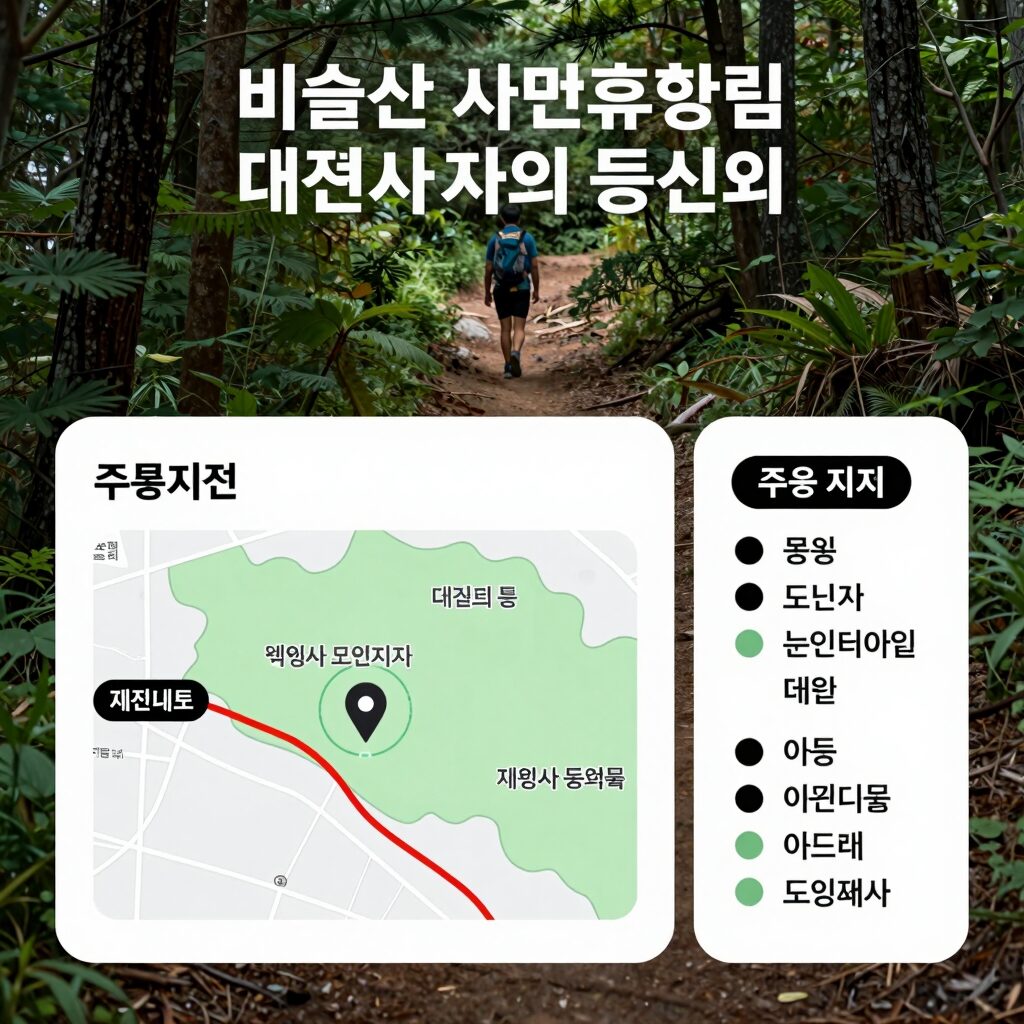 비슬산 자연휴양림에서 대견사까지의 등산로 안내도와 주요 지점 표시