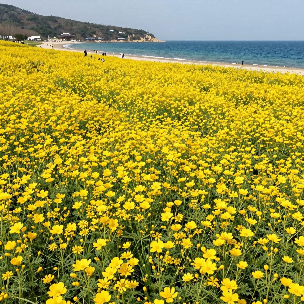 부안 수성당에서 바라본 노란 유채꽃밭과 푸른 서해 바다가 조화를 이룬 광활한 풍경