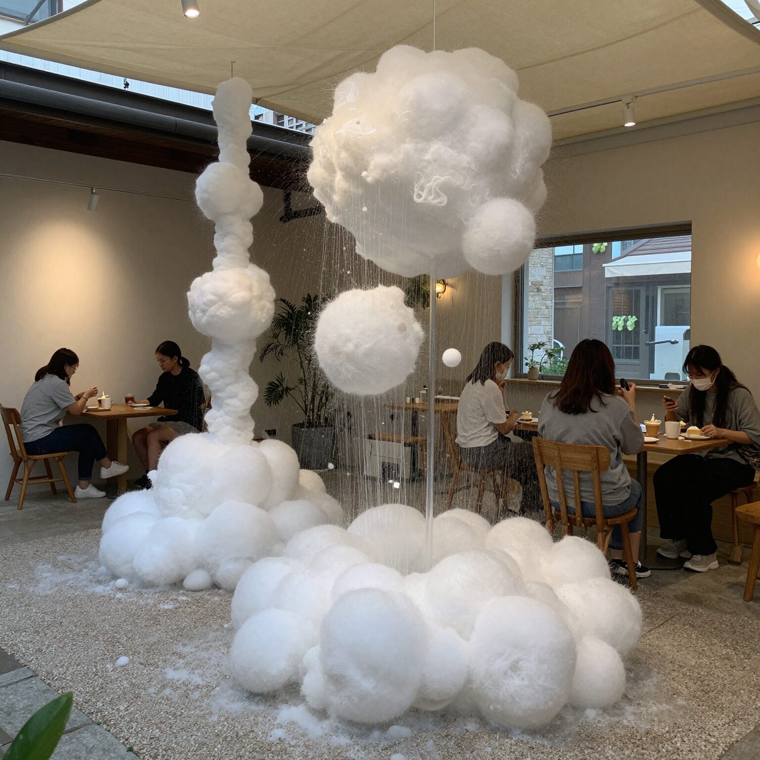 부산 사상구 카페 오르디 실외에서 대형 비누방울 쇼가 진행되고 있는 모습, 하늘에 수많은 비누방울이 날아다니고 있다