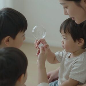 아이와 안전하게 버블건 사용하는 모습, 엄마가 아이 손을 잡고 버튼을 누르고 있음