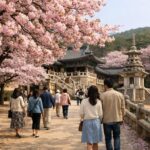 2026년 경주 불국사 겹벚꽃 개화시기와 여행 정보 2026년 봄 경주 불국사 겹벚꽃 만개한 풍경, 핑크빛 꽃구름과 나무 아래를 걷는 사람들