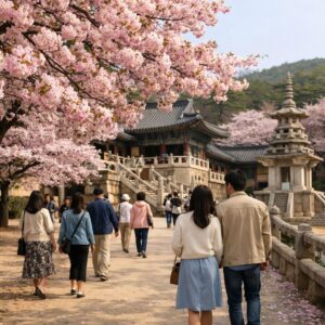 2026년 봄 경주 불국사 겹벚꽃 만개한 풍경, 핑크빛 꽃구름과 나무 아래를 걷는 사람들