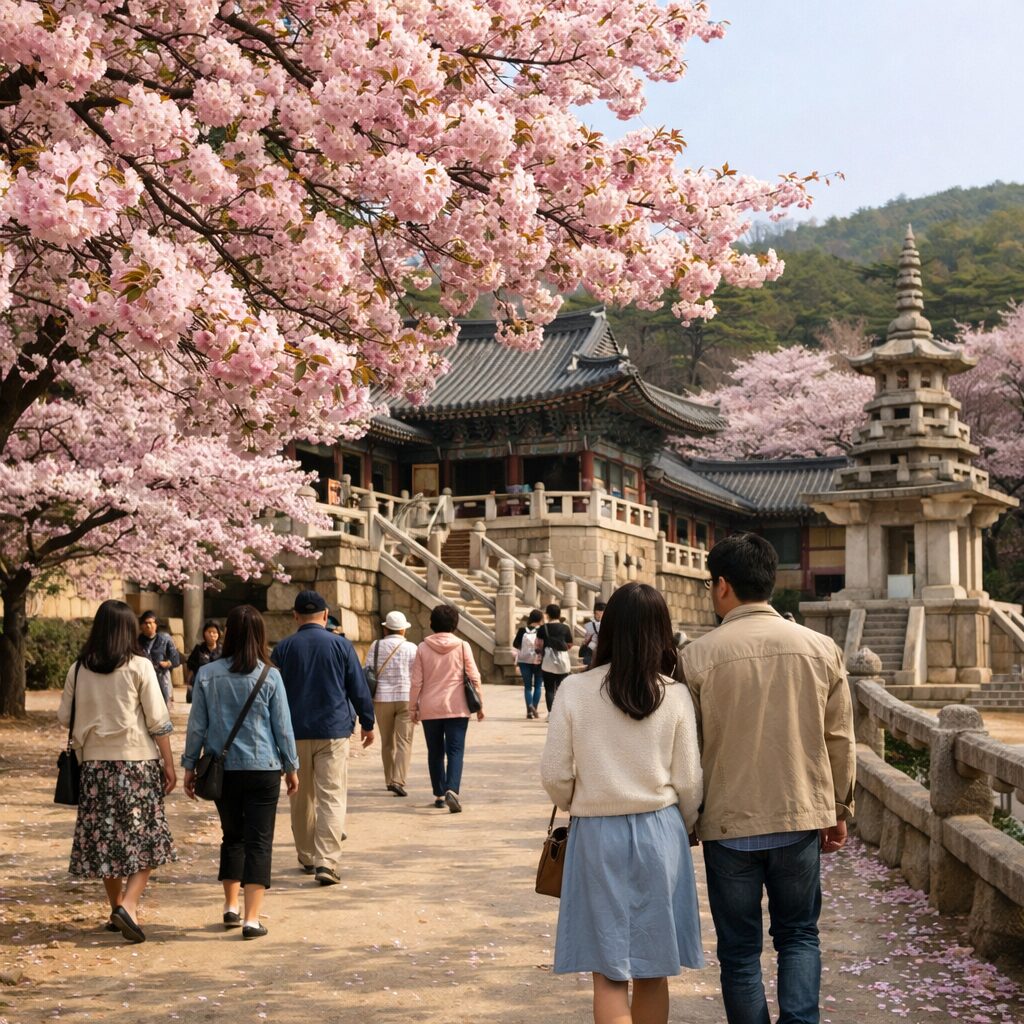 2026년 봄 경주 불국사 겹벚꽃 만개한 풍경, 핑크빛 꽃구름과 나무 아래를 걷는 사람들