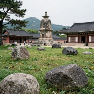 경주 분황사 청보리밭 풍경, 뒤로 모전석탑과 당간지주가 보임