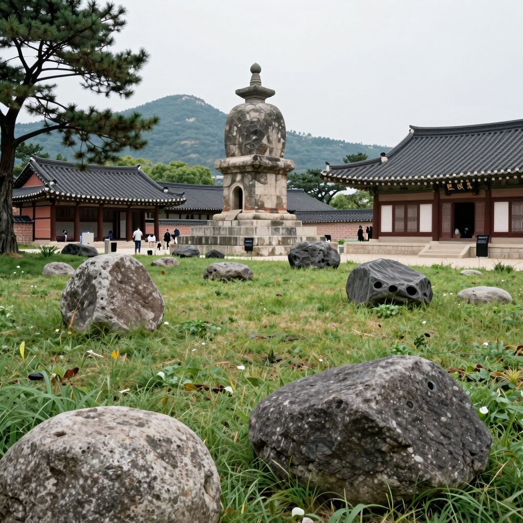 경주 분황사 청보리밭 풍경, 뒤로 모전석탑과 당간지주가 보임