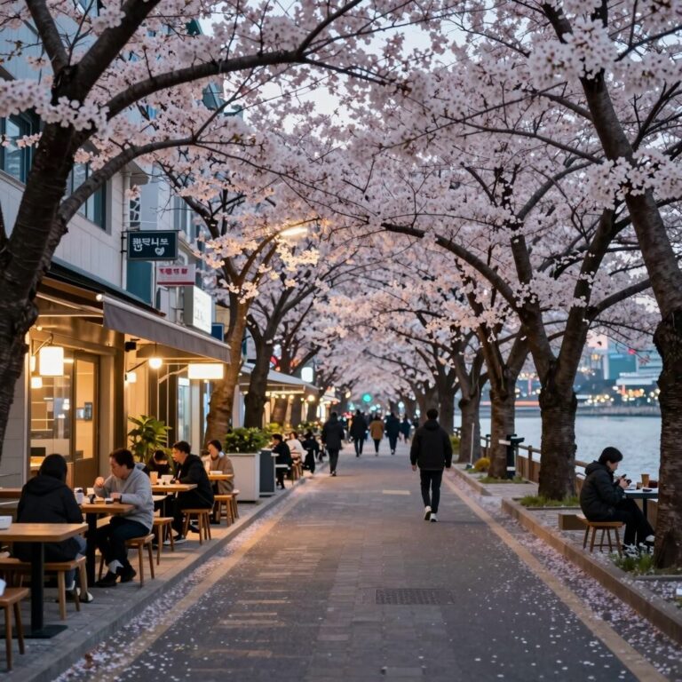 부산 온천천 카페거리 벚꽃 길 야경, 물에 비친 불빛과 벚꽃 나무