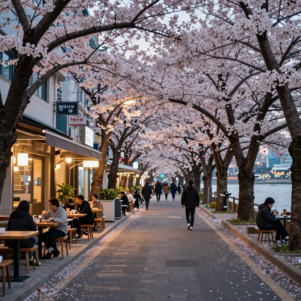 부산 온천천 카페거리 벚꽃 길 야경, 물에 비친 불빛과 벚꽃 나무