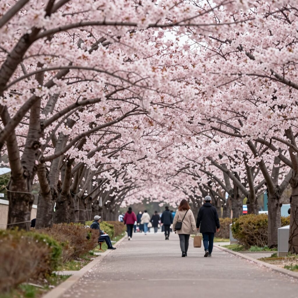 부산 민주공원 겹벚꽃 터널 산책로, 진한 분홍색 꽃이 터널을 이루고 있는 모습