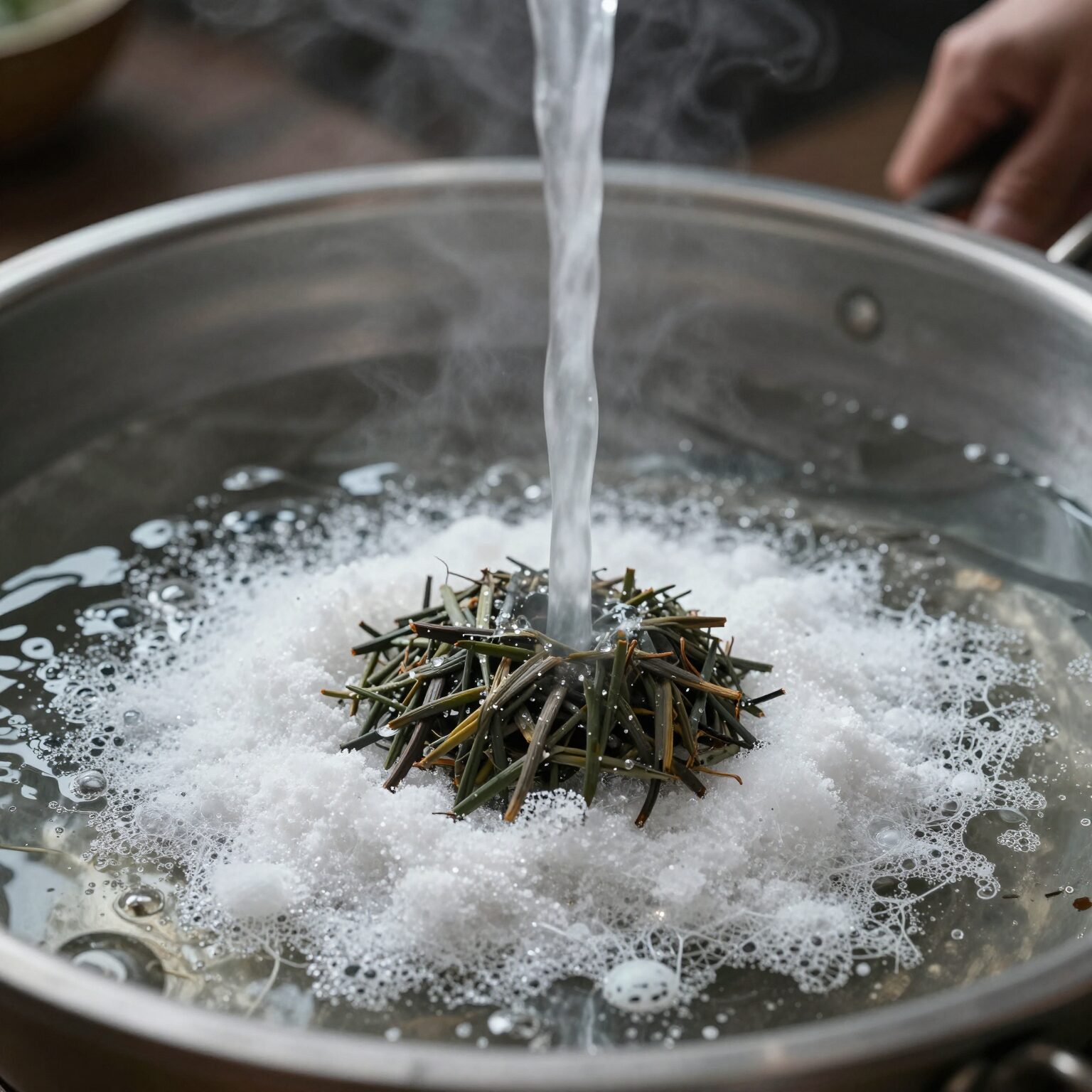 끓는 물에 소금을 넣고 머위를 데치는 과정