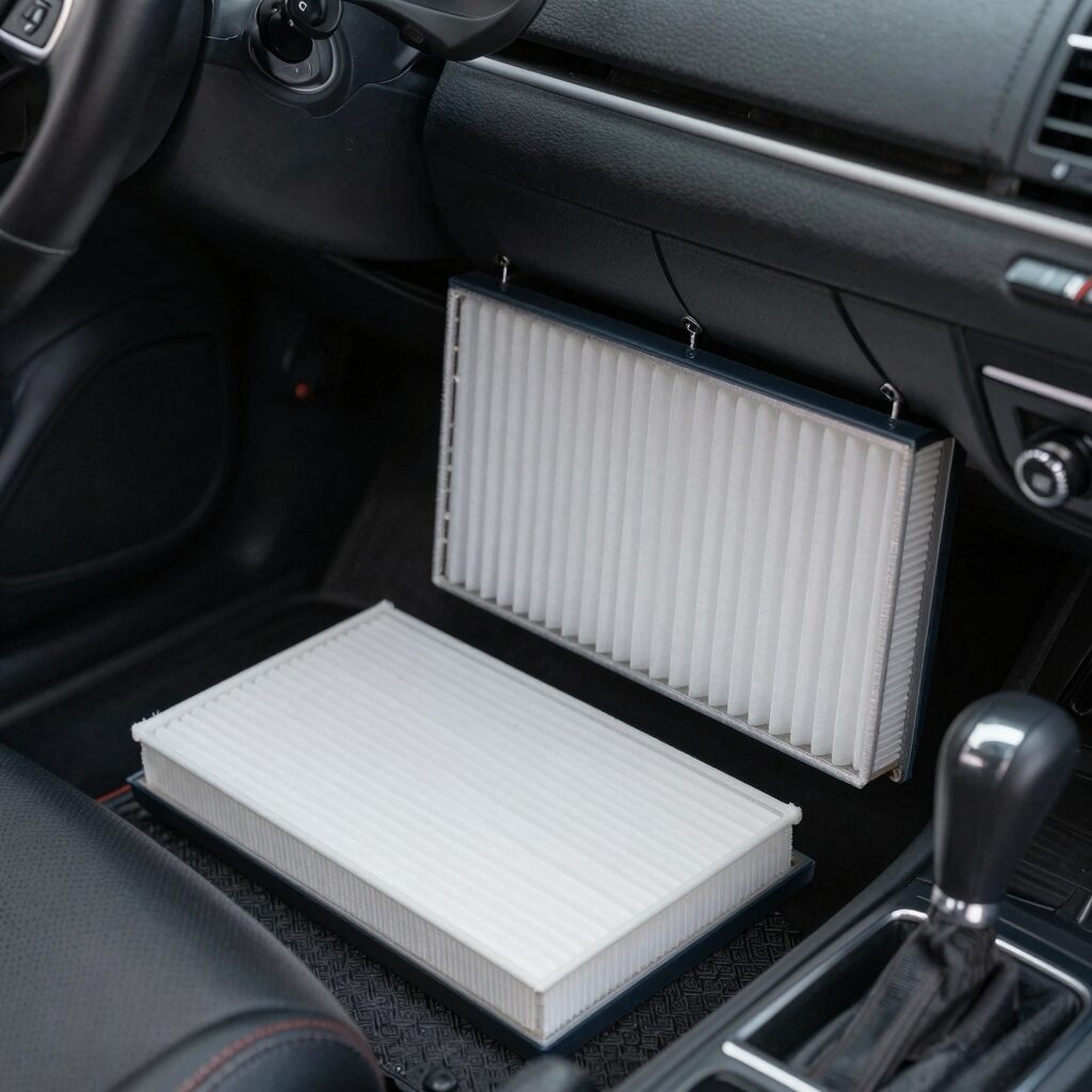 자동차 에어컨 필터를 조수석 글로브 박스에서 교체하는 방법을 보여주는 이미지