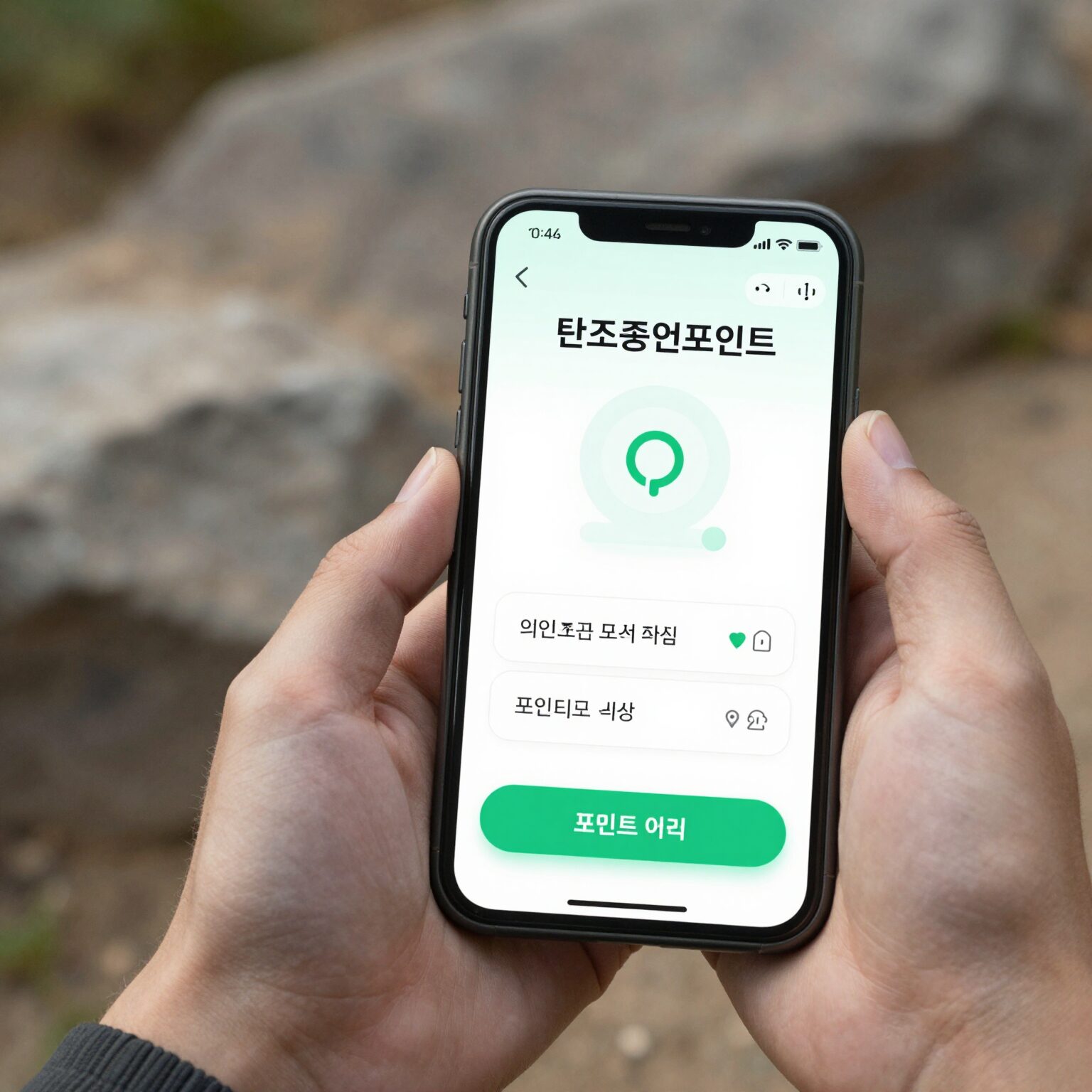 스마트폰 화면에 표시된 탄소중립포인트 앱의 메인 화면과 포인트 적립 현황