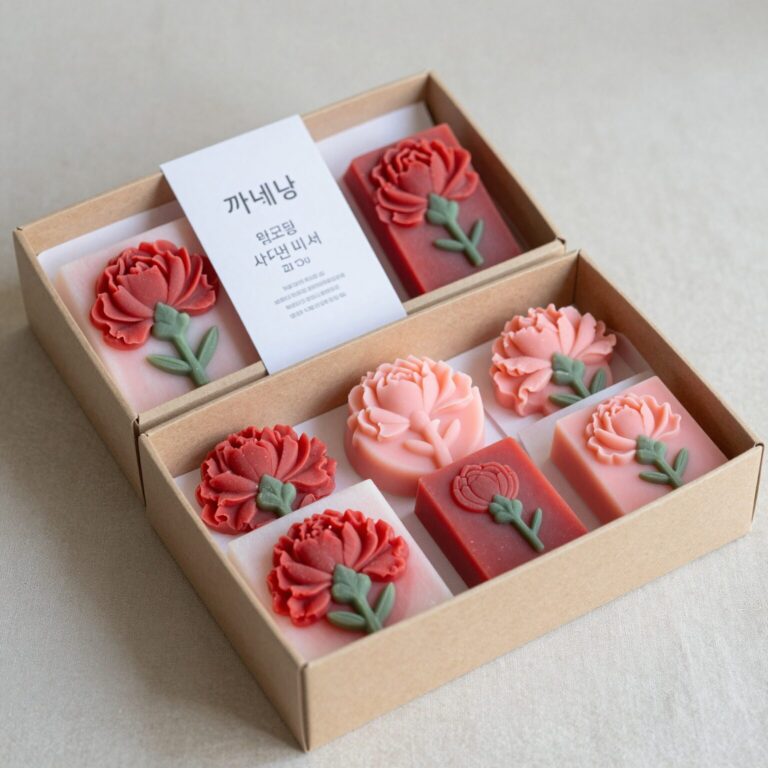 핸드메이드 카네이션 천연비누 선물세트, 레드와 핑크 비누가 예쁜 상자에 포장되어 있음