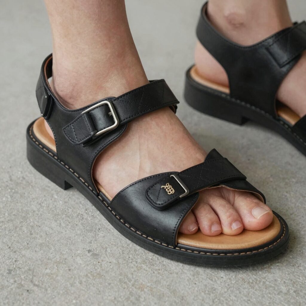 샤넬 스트랩 샌들 밑창에 비브람 보강재를 부착한 모습. 가죽 밑창과 고무창의 경계가 깔끔하게 마감되었다.