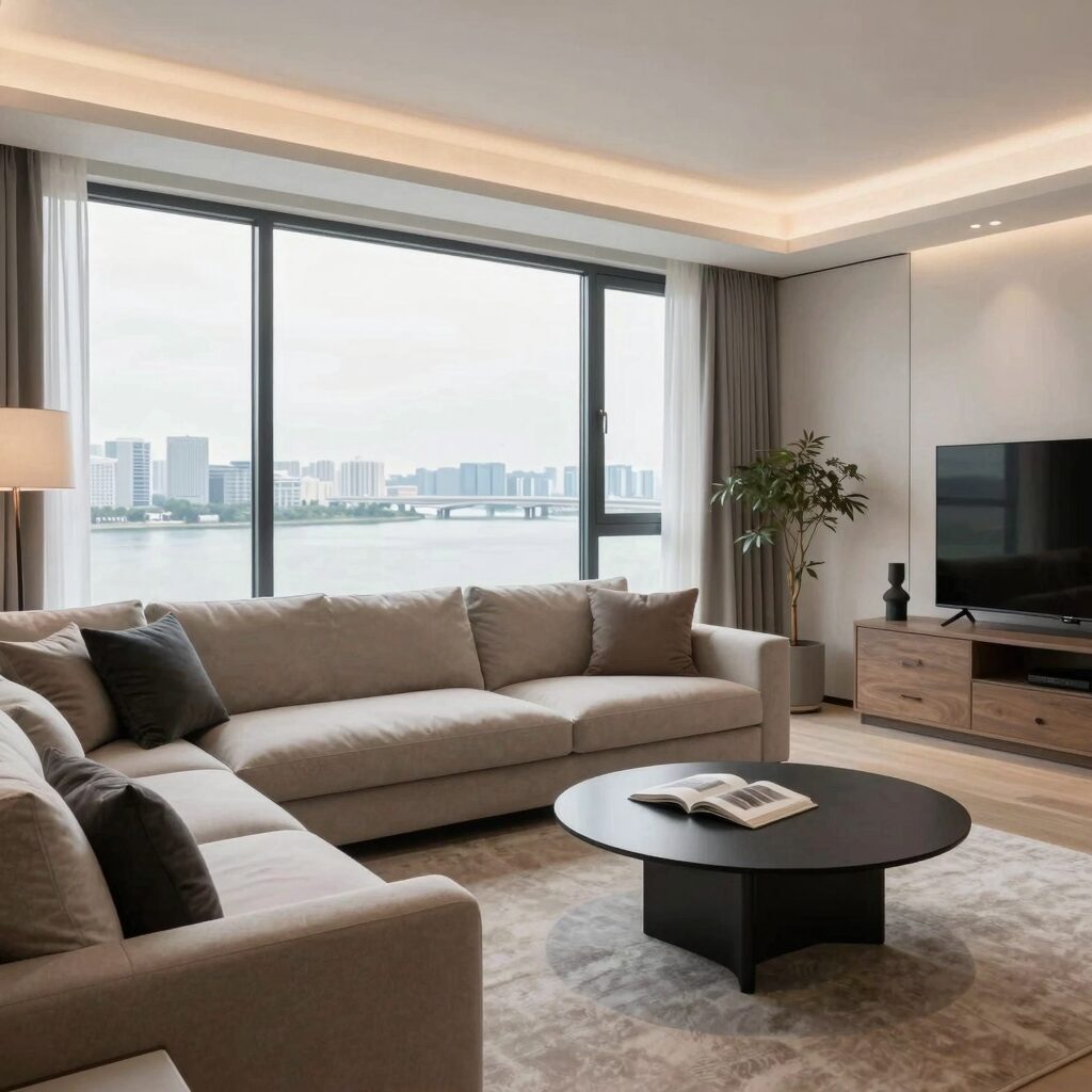 청담르엘 아파트 25평형 B타입 거실과 한강 뷰 인테리어 사진