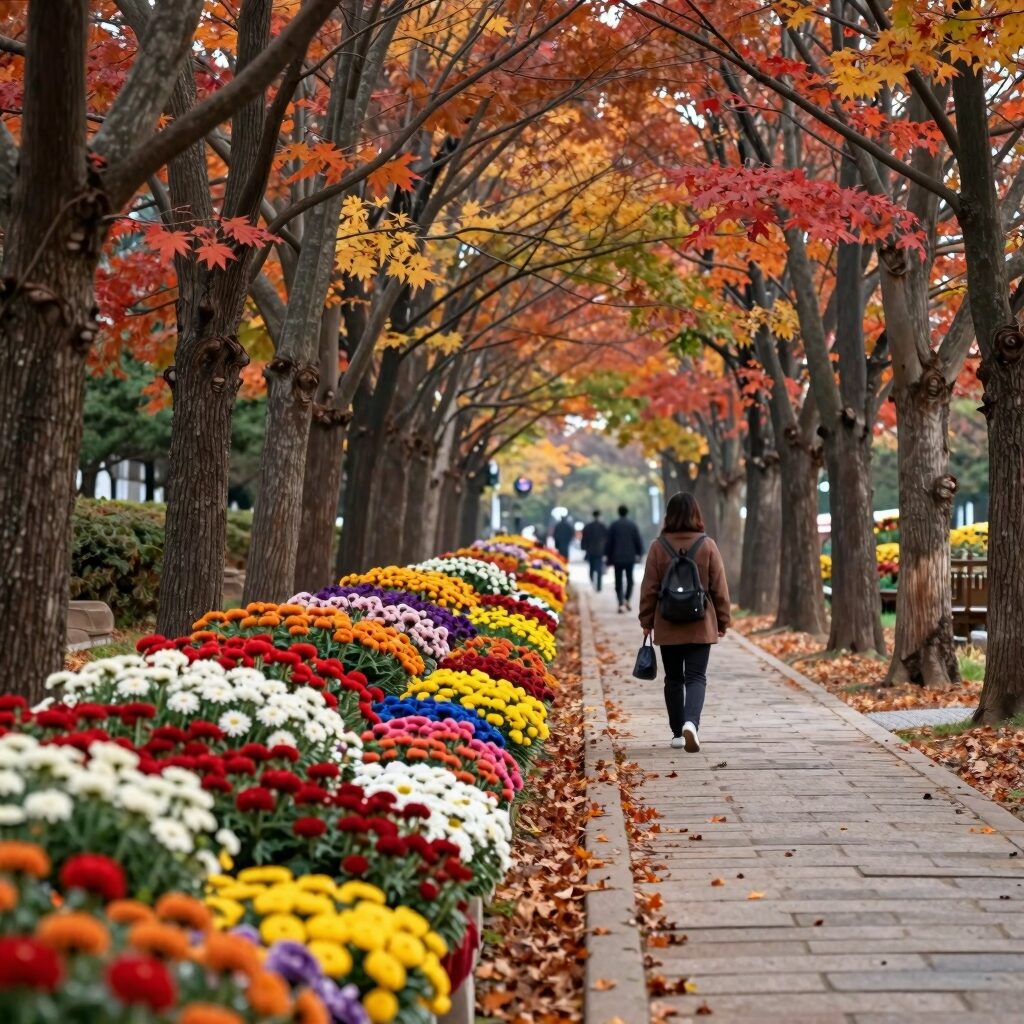 청남대 가을축제 메타세콰이어길 단풍과 국화 장면