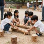 아이들이 무전력 원목 놀이 기구를 통해 공을 굴리며 협동하고 있는 모습