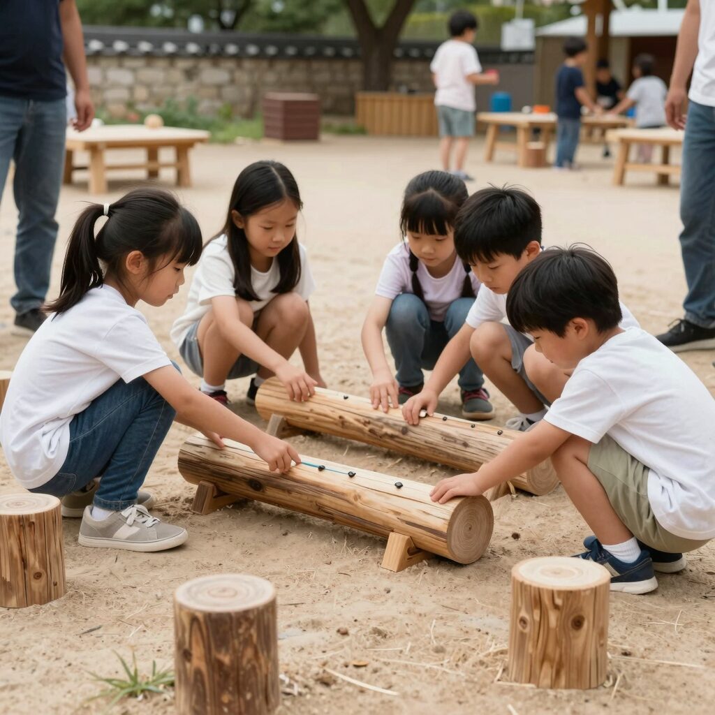 아이들이 무전력 원목 놀이 기구를 통해 공을 굴리며 협동하고 있는 모습
